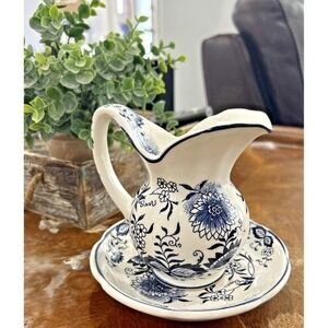 Vintage Enesco White Blue Onion Pattern 5" Pitcher & Basin Delft Country Cottage